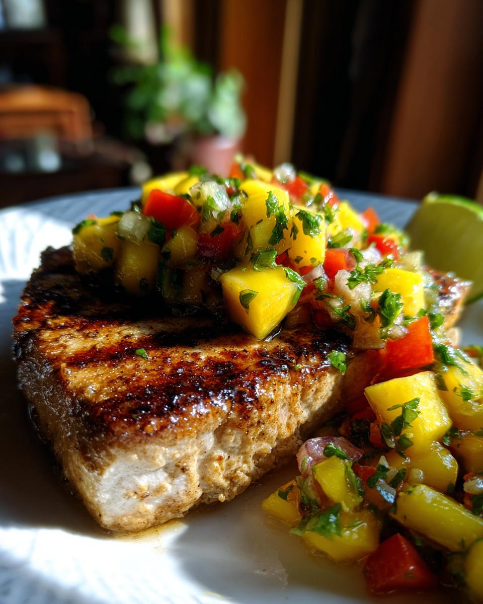 Close-up of grilled swordfish topped with fresh mango salsa, a delicious Grilled Swordfish with Mango Salsa.