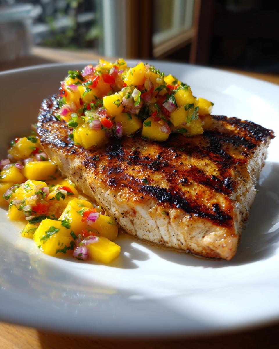 Close-up of grilled swordfish topped with vibrant mango salsa, a delicious dish.