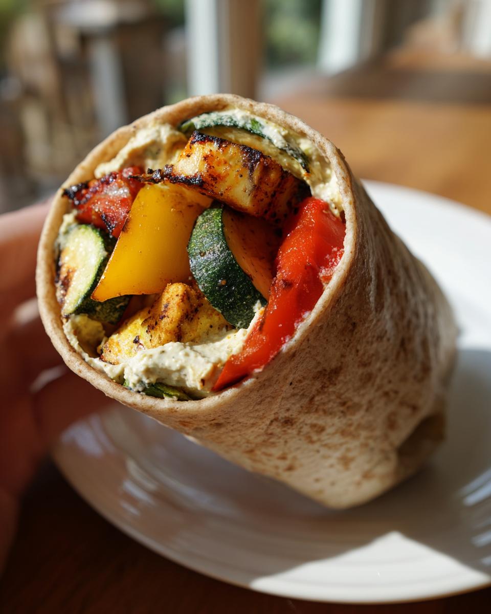 Close-up of a delicious Grilled Veggie & Hummus Wrap filled with grilled vegetables and hummus.