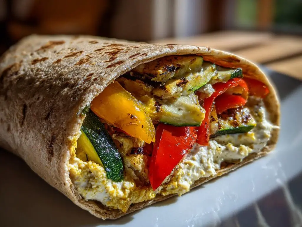 Close-up of a Grilled Veggie & Hummus Wrap filled with grilled vegetables and hummus on a white plate.