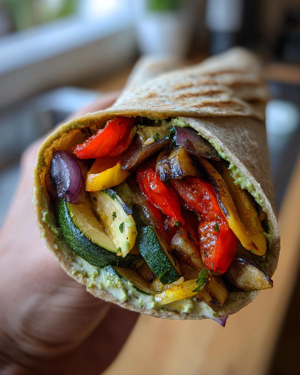 Close-up of a delicious Grilled Veggie & Hummus Wrap filled with grilled vegetables and hummus.