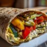 Close-up of a Grilled Veggie & Hummus Wrap filled with grilled vegetables and hummus on a white plate.