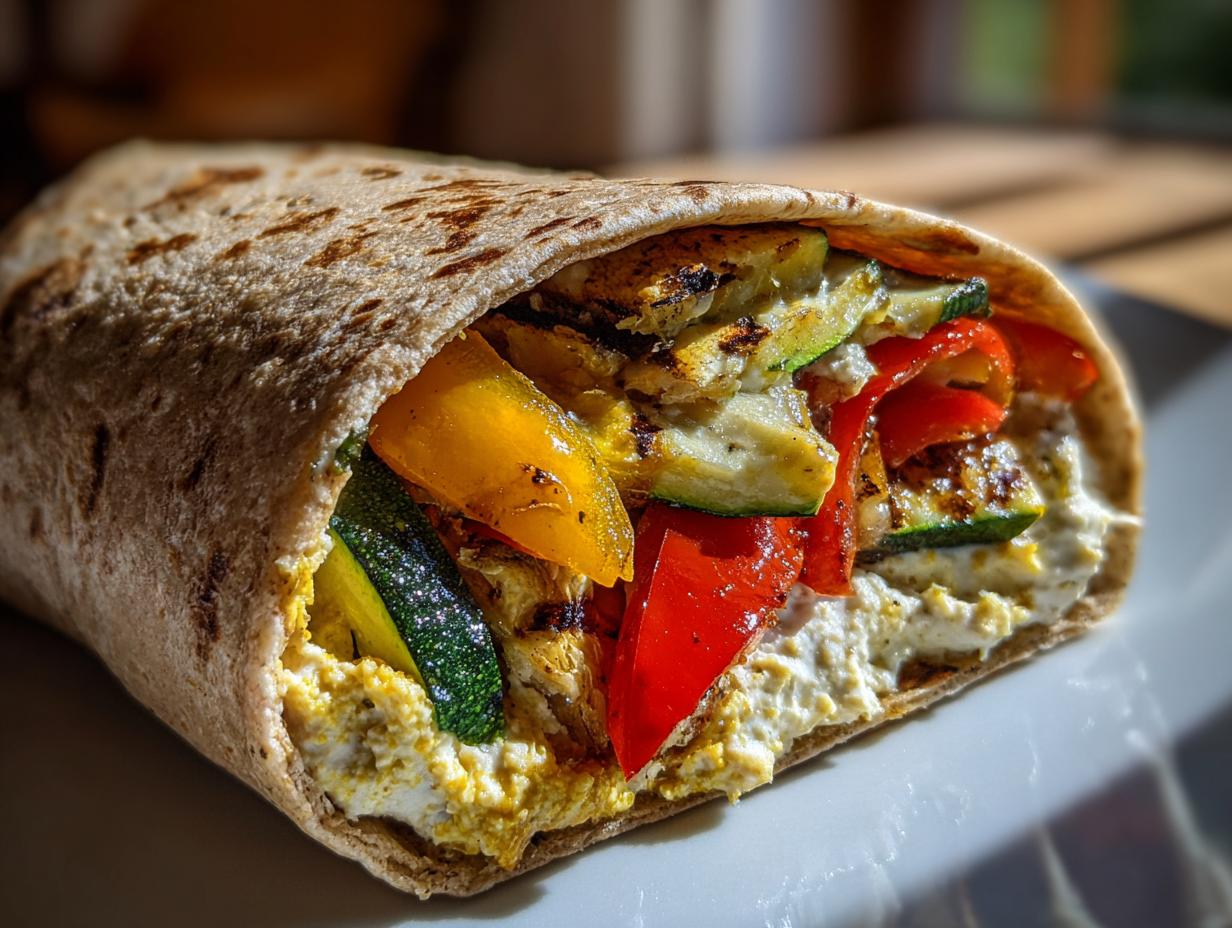 Close-up of a Grilled Veggie & Hummus Wrap filled with grilled vegetables and hummus on a white plate.