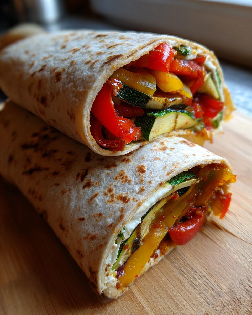 Close-up of a delicious Grilled Veggie & Hummus Wraps filled with grilled vegetables.
