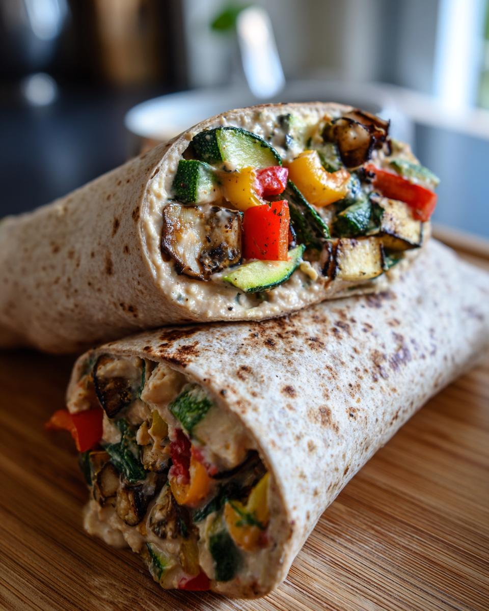 Close-up of a Grilled Veggie & Hummus Wrap, filled with grilled vegetables and hummus.