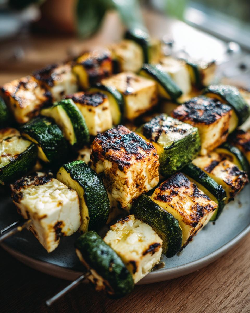 Close-up of delicious Grilled Zucchini & Halloumi Skewers on a plate, ready to eat.