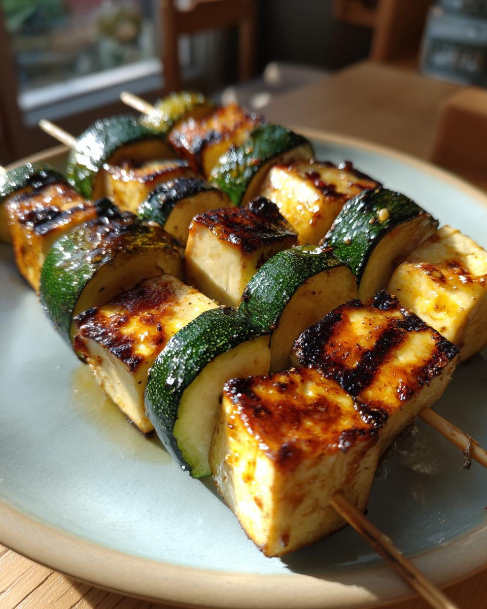Close-up of delicious Grilled Zucchini & Halloumi Skewers on a plate, ready to eat.