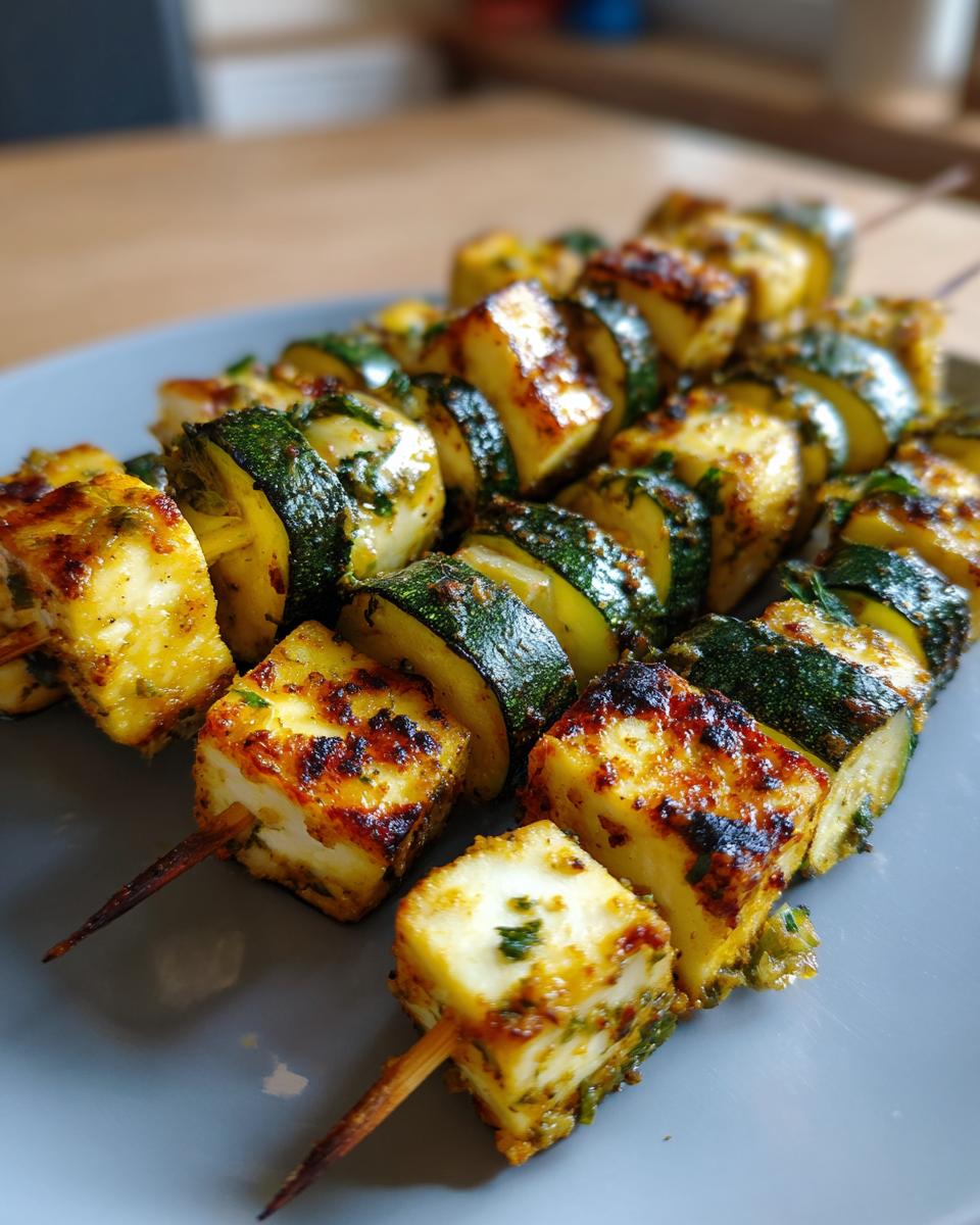 Close-up of delicious Grilled Zucchini & Halloumi Skewers on a plate, ready to eat.