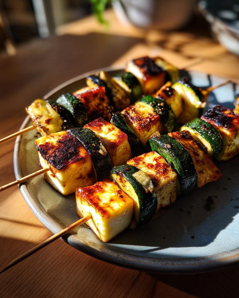 Close-up of delicious Grilled Zucchini & Halloumi Skewers on a plate, ready to eat.