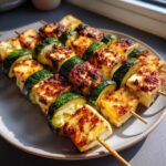Close-up of delicious Grilled Zucchini & Halloumi Skewers on a plate, ready to eat.