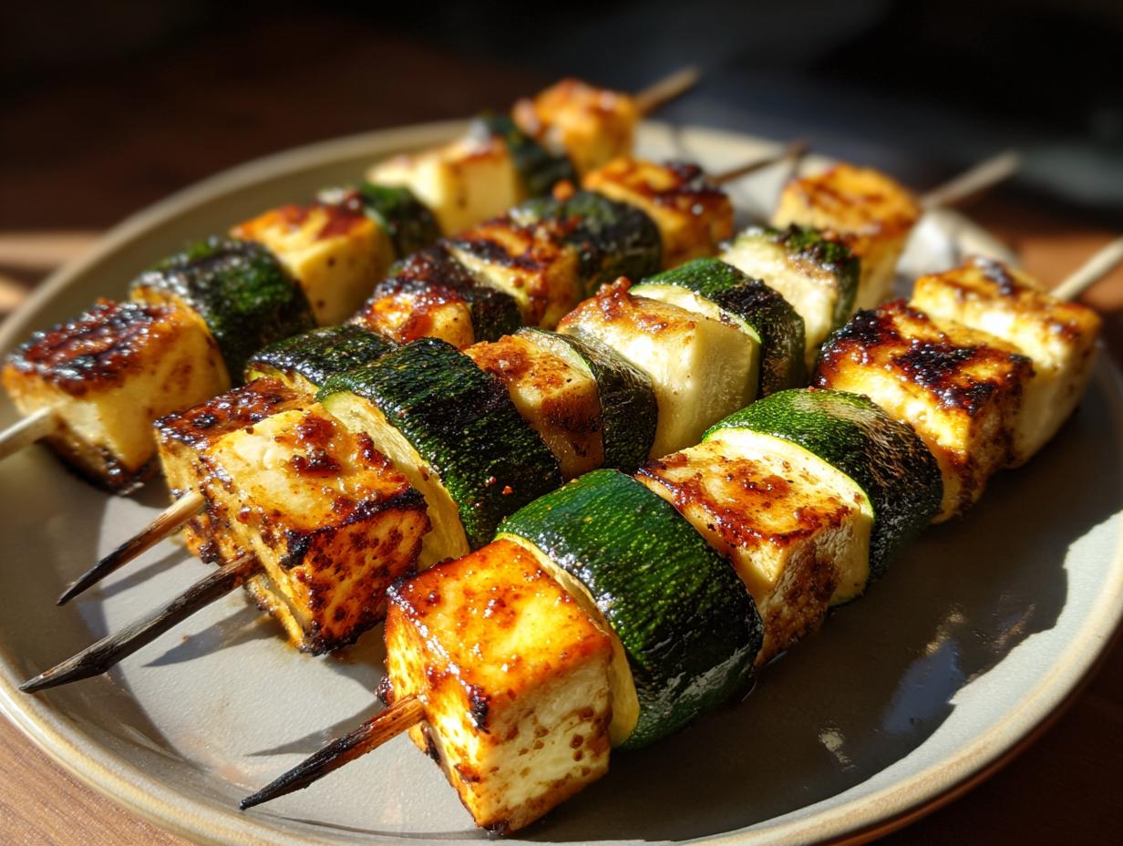 Close-up of delicious Grilled Zucchini & Halloumi Skewers on a plate, ready to eat.