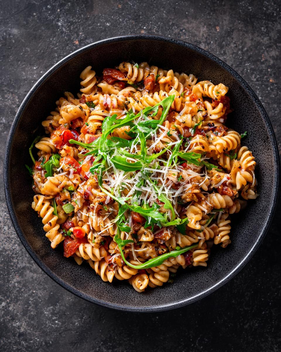 Amazing 1 Pot Pasta Salad Healthy Recipes 4 Overhead shot of a healthy pasta salad with arugula and parmesan cheese. This is one of the pasta salad healthy recipes.