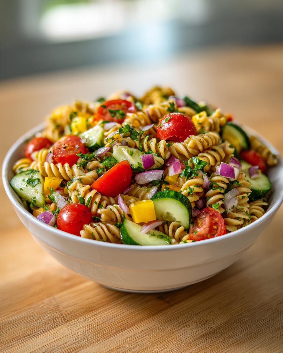 A vibrant bowl of pasta salad, showcasing a healthy pasta salad recipe with tomatoes, cucumbers, and onions.