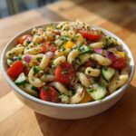 Close-up of a bowl of pasta salad with tomatoes, cucumbers, and red onion. This is a healthy pasta salad recipe.