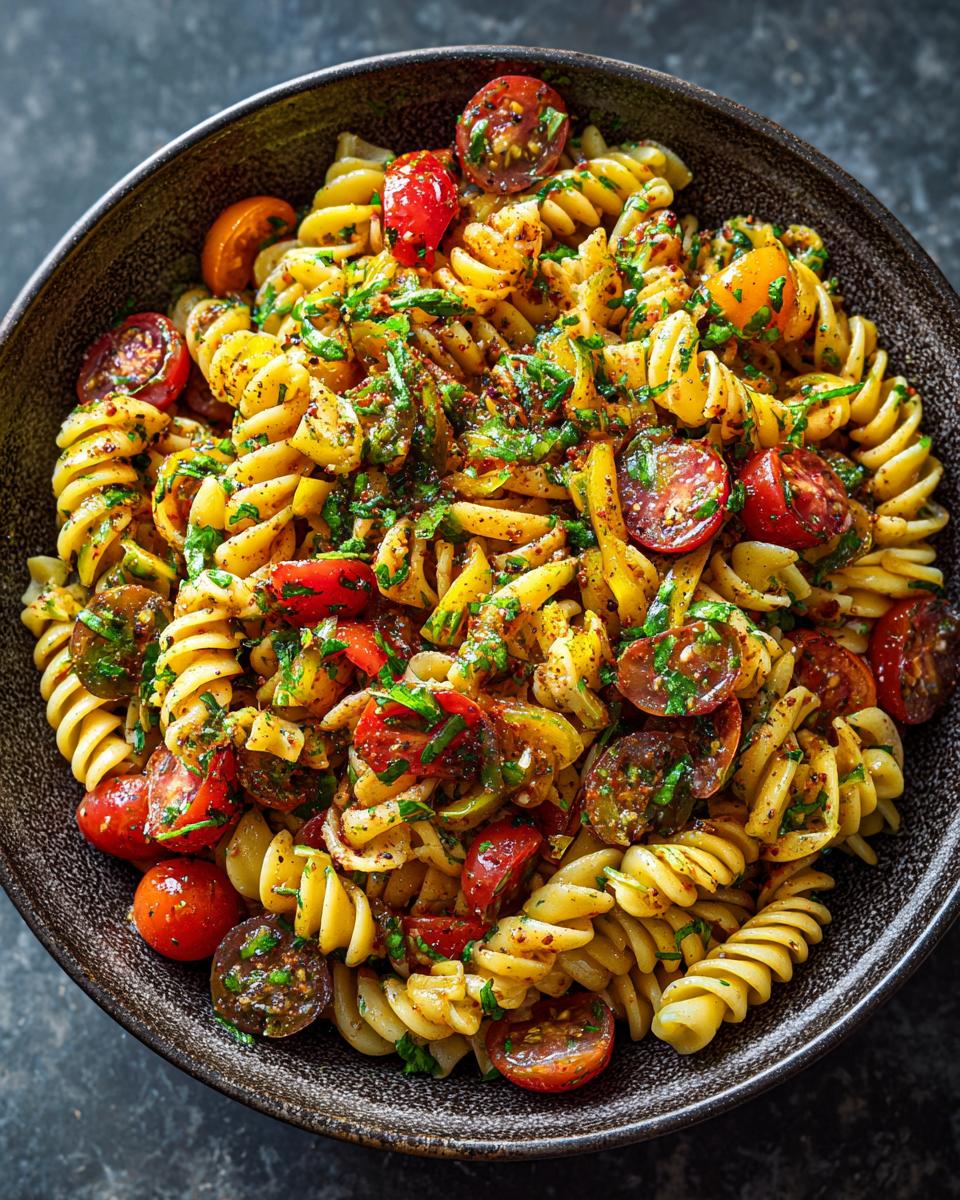Amazing 1 Pot Pasta Salad Healthy Recipes 2 Close-up of a bowl of pasta salad healthy recipes with cherry tomatoes and herbs.