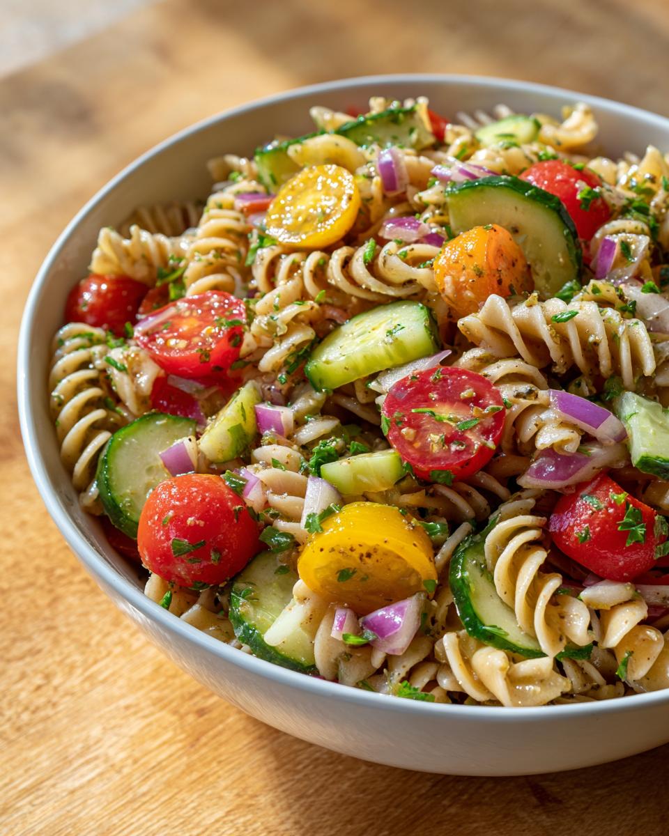 Close-up of a bowl of healthy pasta salad with tomatoes, cucumbers, and red onion. This is a pasta salad healthy recipes.