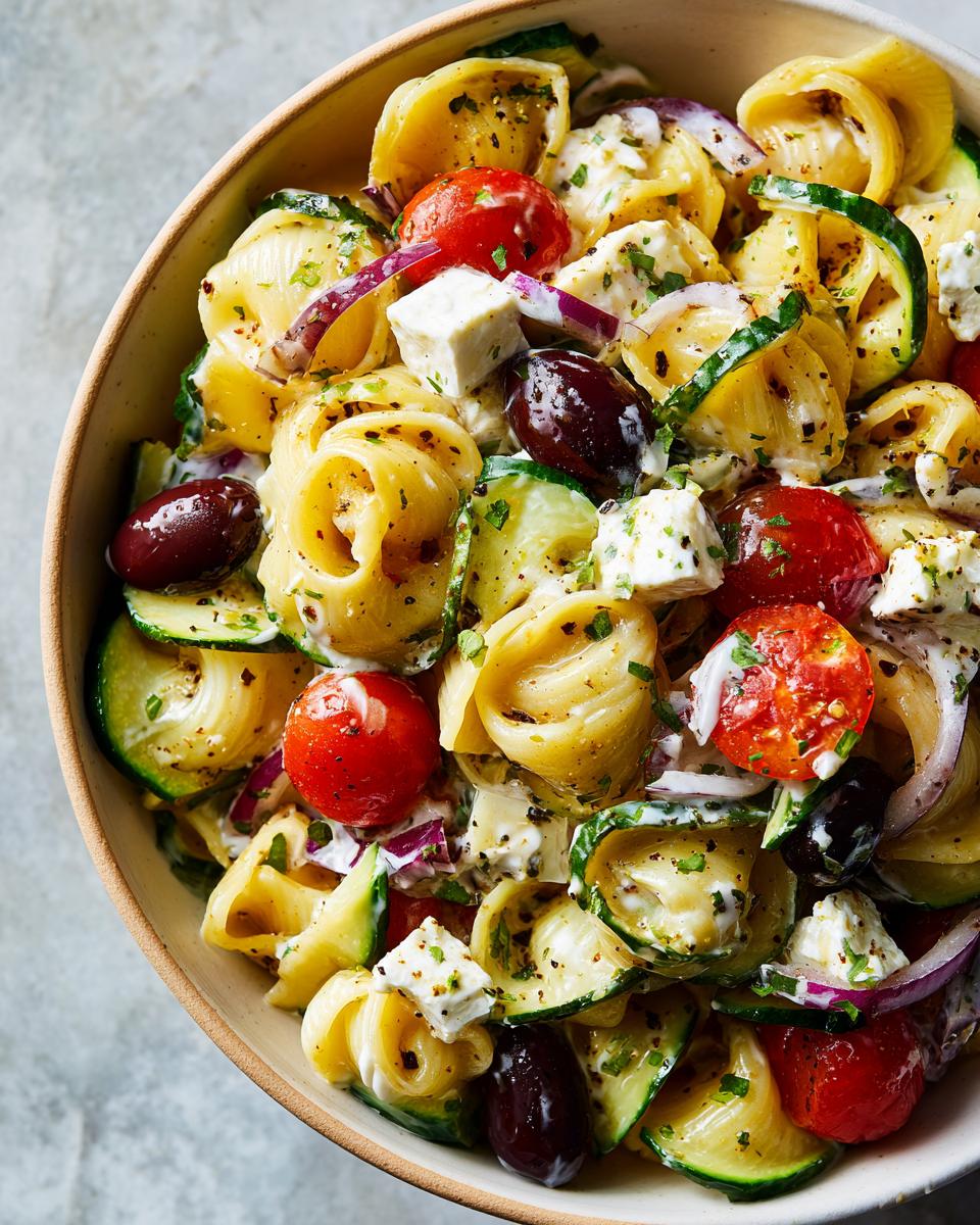 Close-up of a healthy pasta salad greek yogurt with tomatoes, olives, and feta cheese.