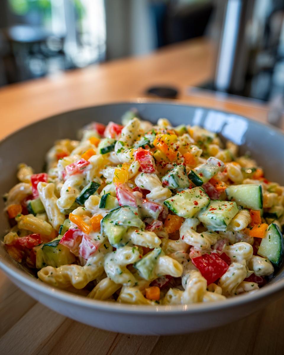 Close-up of a bowl of healthy pasta salad with Greek yogurt, vegetables and herbs.