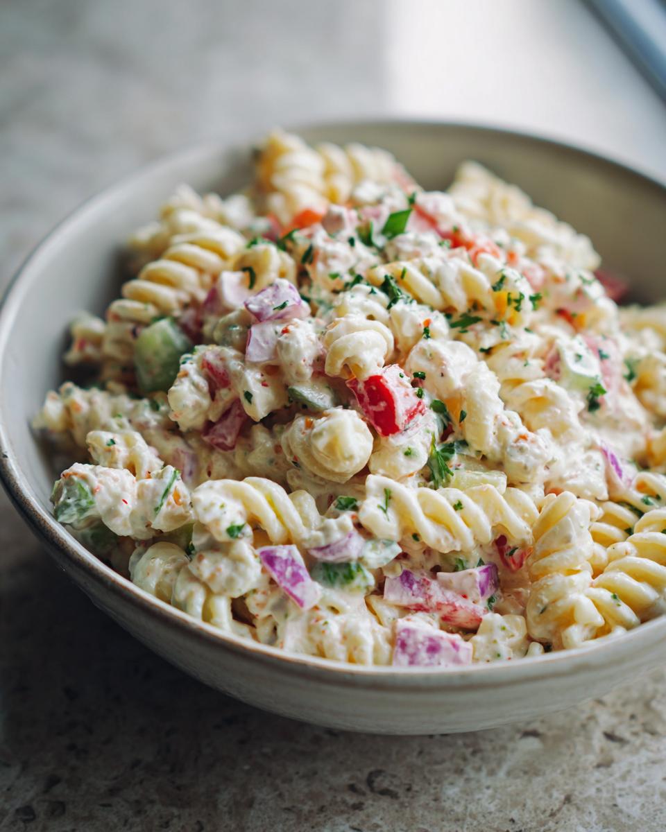 Close-up of a bowl of healthy pasta salad greek yogurt with vegetables and herbs.