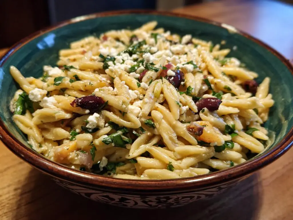 Close-up of a bowl of healthy pasta salad with Greek yogurt, olives, feta, and herbs; the primary keyword is healthy pasta salad greek yogurt.