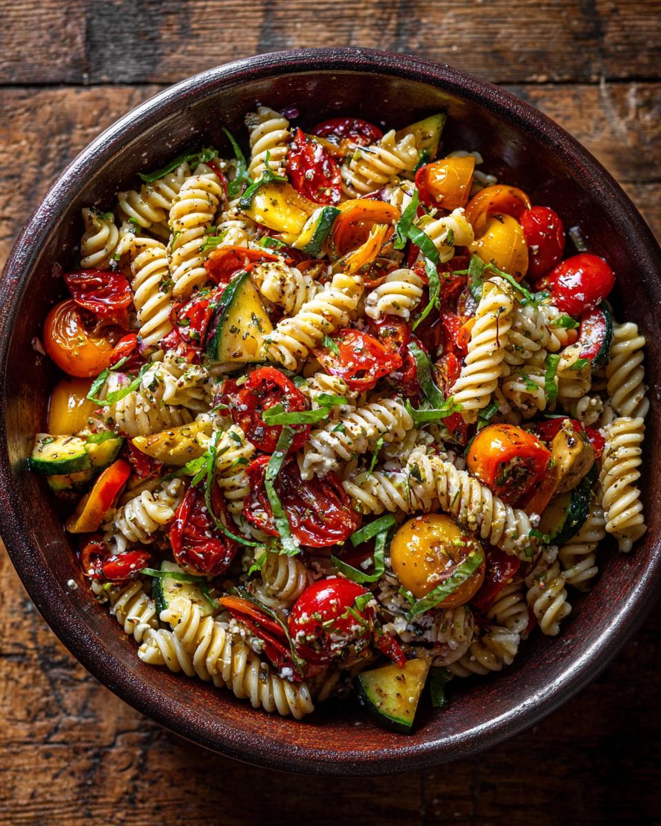 Overhead shot of a healthy pasta salad greek yogurt in a bowl with tomatoes and zucchini.