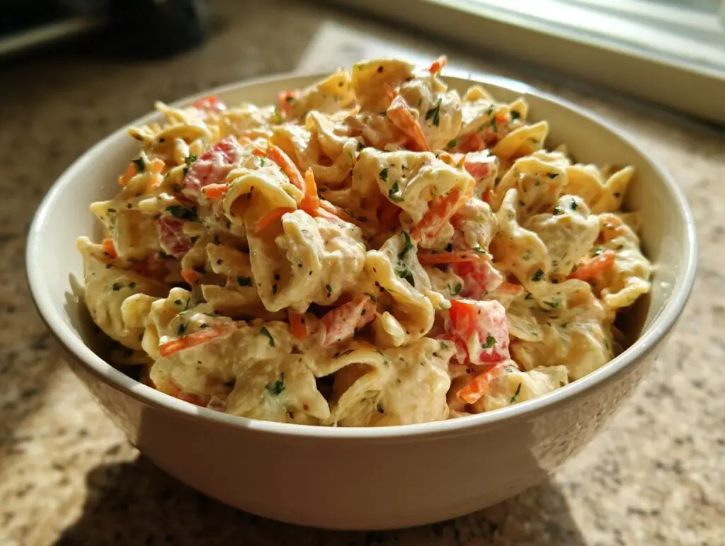 Close-up of a bowl of healthy pasta salad with Greek yogurt, vegetables, and herbs. The recipe is a healthy pasta salad Greek yogurt.