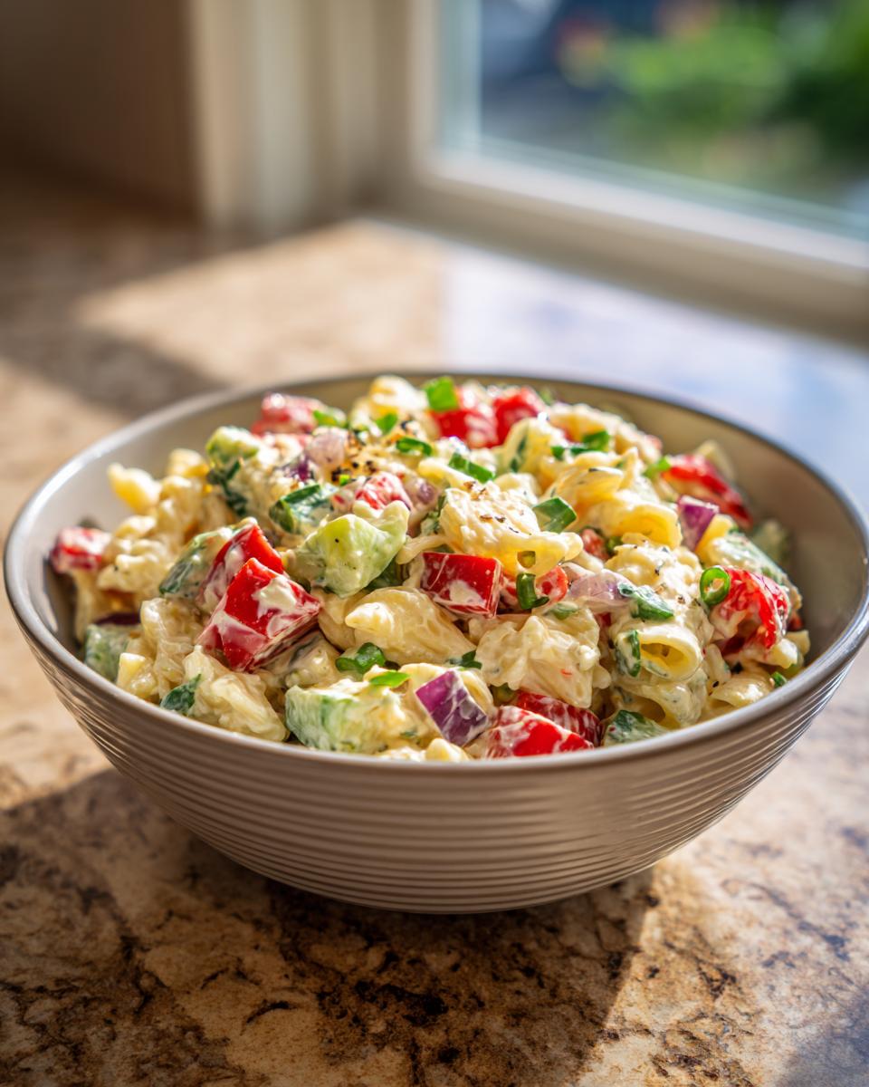 Close-up of a bowl of healthy pasta salad with Greek yogurt, vegetables, and herbs.