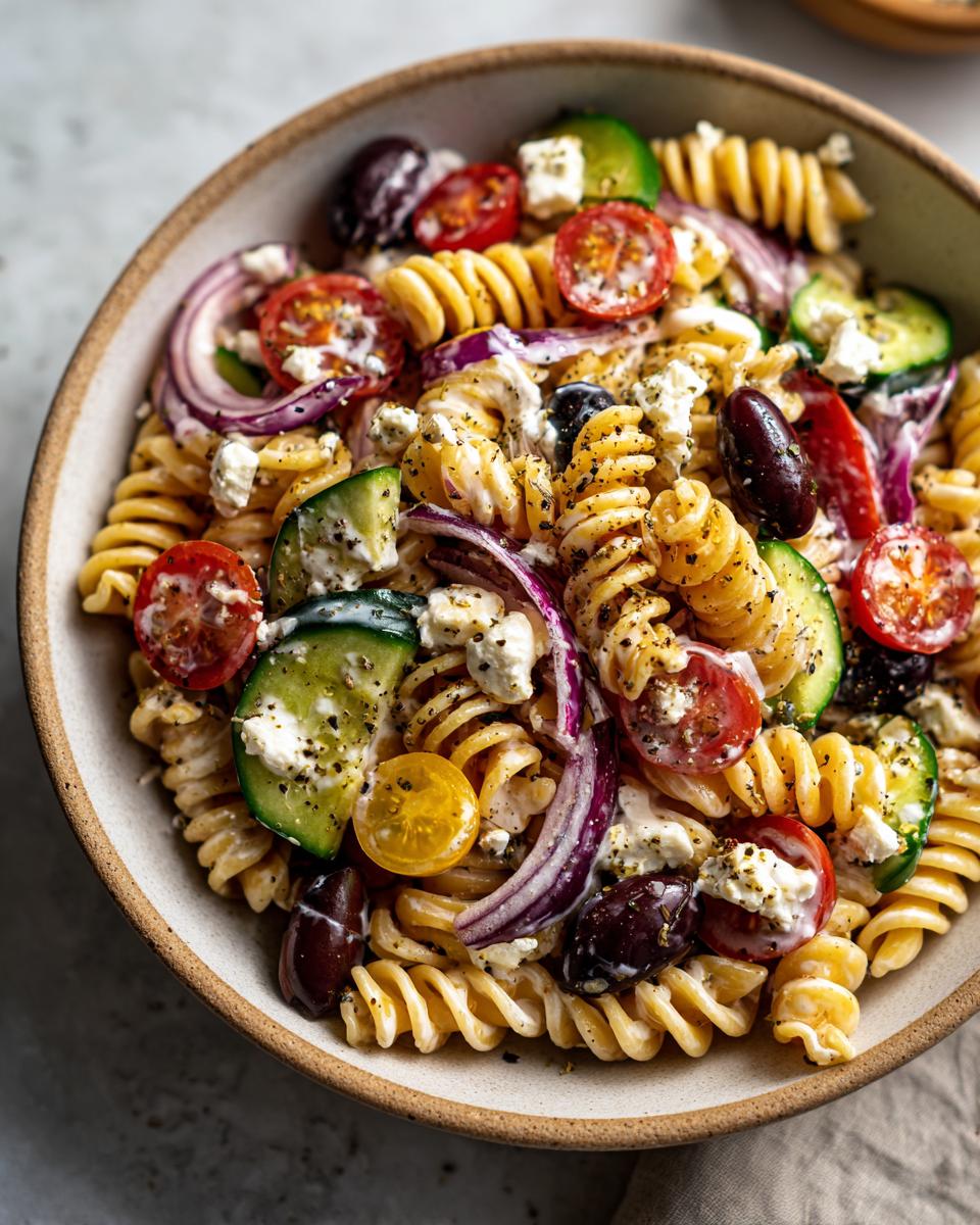Close-up of a bowl of healthy pasta salad with Greek yogurt, tomatoes, olives, and cucumbers. The recipe uses the primary keyword: healthy pasta salad greek yogurt.