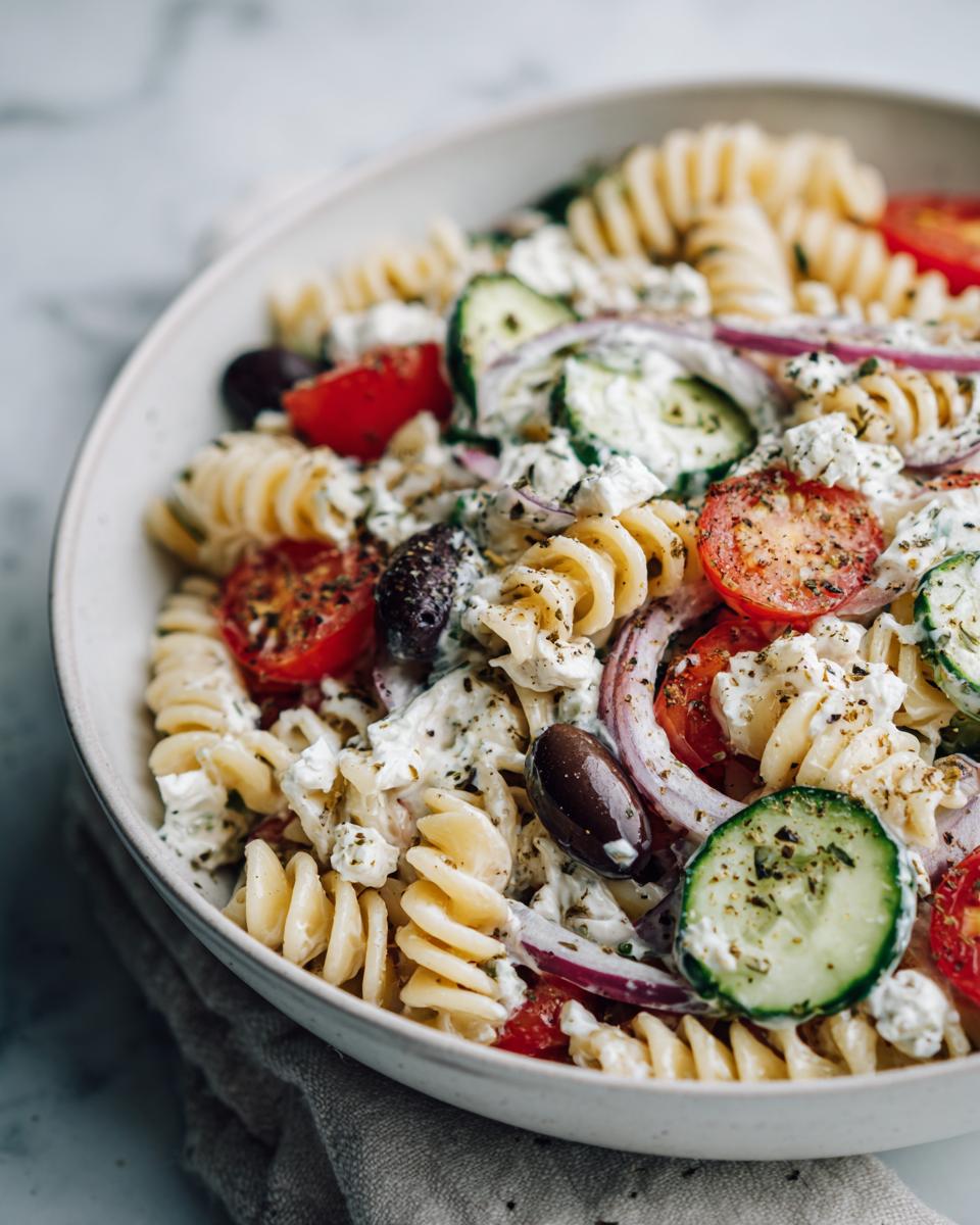 Close-up of a healthy pasta salad greek yogurt with tomatoes, cucumbers, olives, and red onion.
