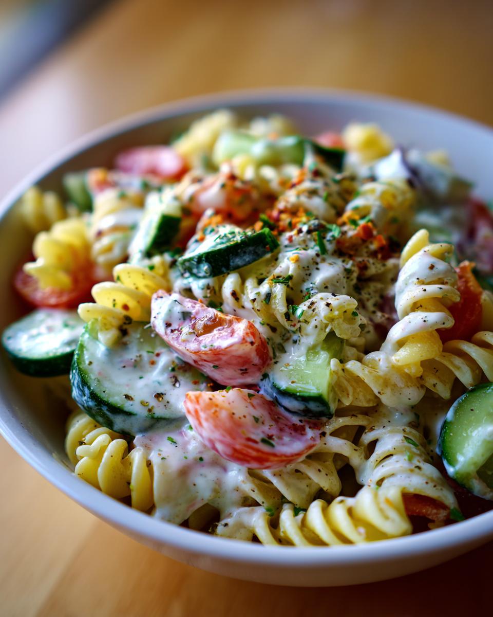 Close-up of a healthy pasta salad with fusilli pasta, tomatoes, cucumbers, and a creamy Greek yogurt dressing.