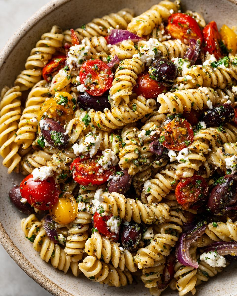 Close-up of a healthy pasta salad with greek yogurt, tomatoes, olives, and feta cheese.
