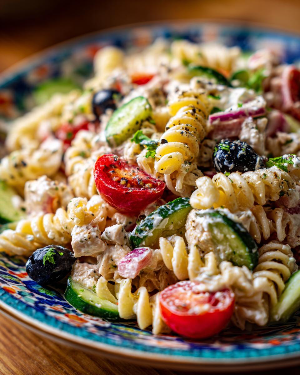 Close-up of a healthy pasta salad with Greek yogurt, tomatoes, cucumbers, and olives.