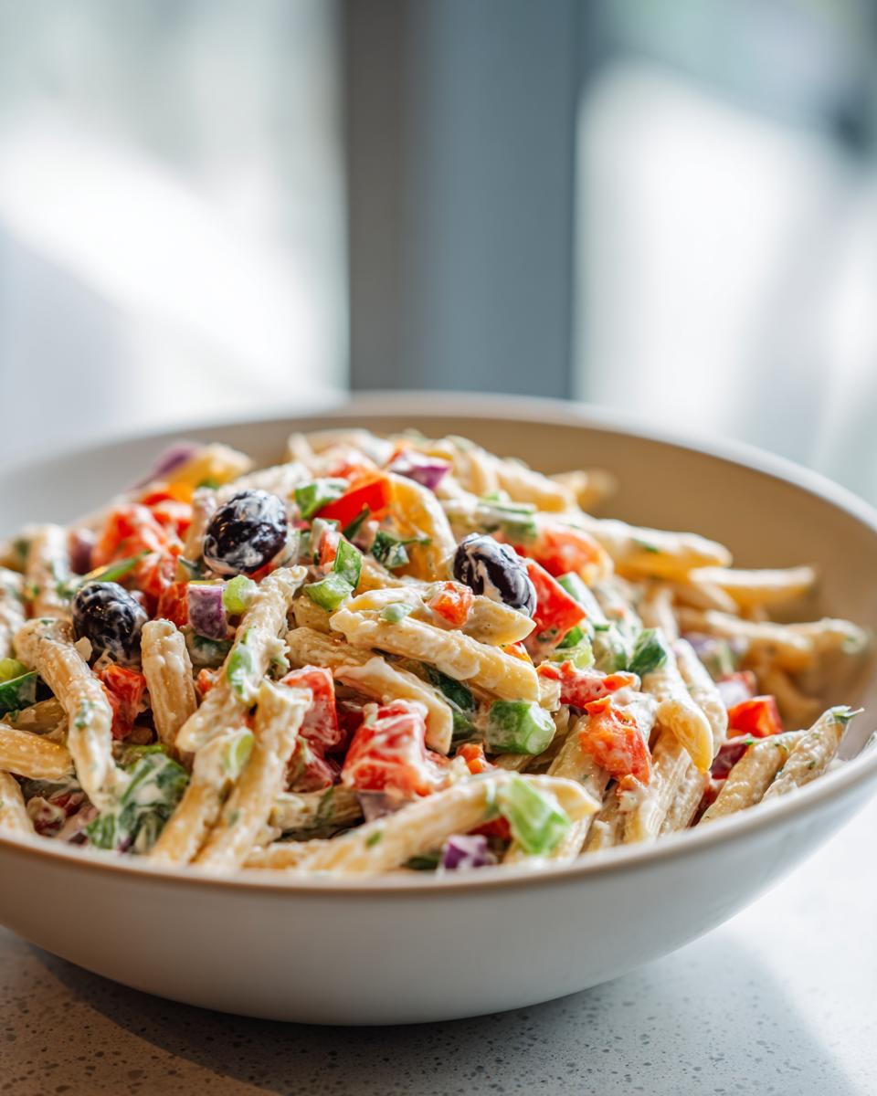 Close-up of a bowl filled with healthy pasta salad with Greek yogurt, olives, and vegetables.