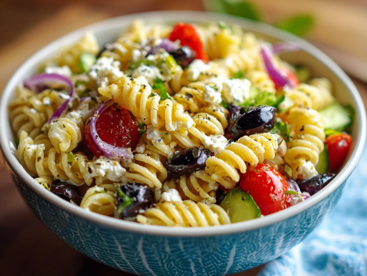 Close-up of a bowl of healthy pasta salad with Greek yogurt, tomatoes, olives, and feta.
