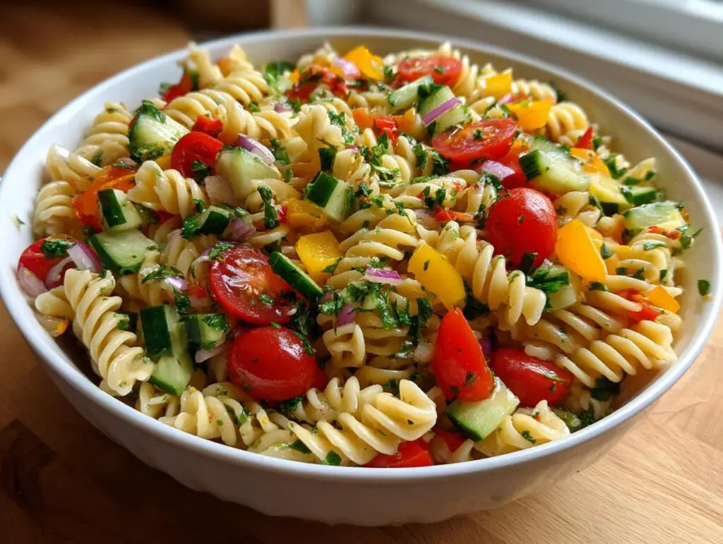 A vibrant bowl of pasta salad healthy recipes with tomatoes, cucumbers, and peppers.