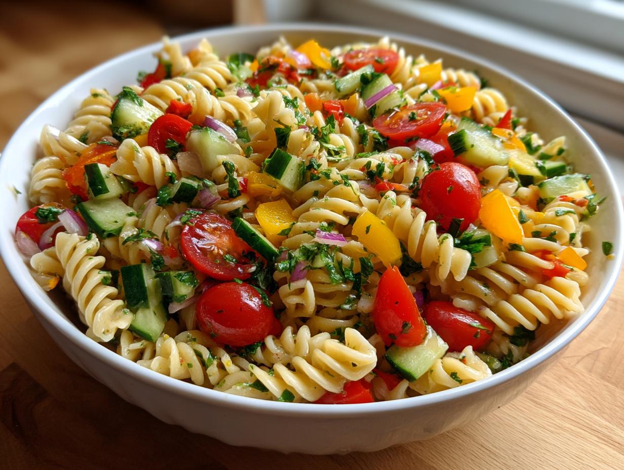 A vibrant bowl of pasta salad healthy recipes with tomatoes, cucumbers, and peppers.