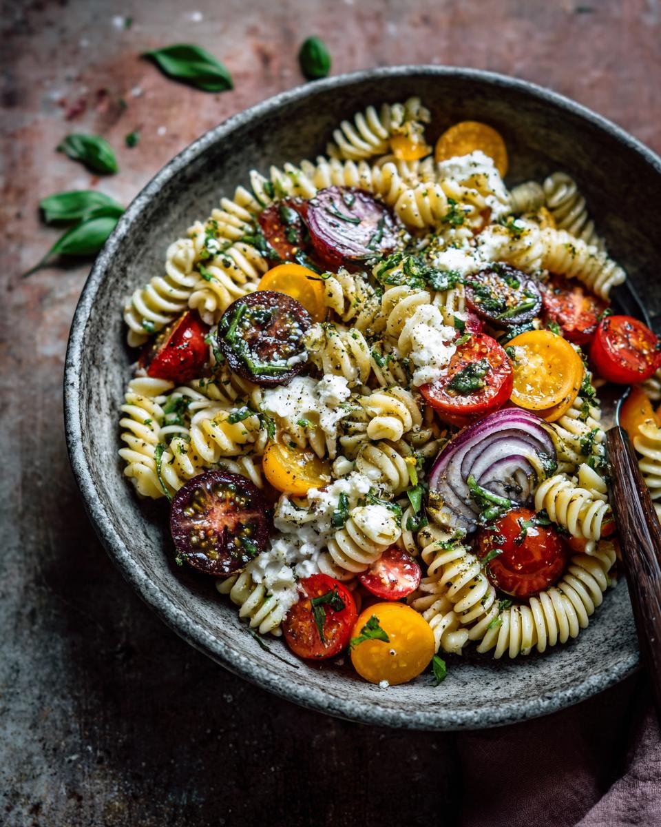 Amazing 1 Pot Pasta Salad Healthy Recipes 3 Close-up of a vibrant pasta salad with tomatoes, red onion, and fresh basil, a healthy recipe.