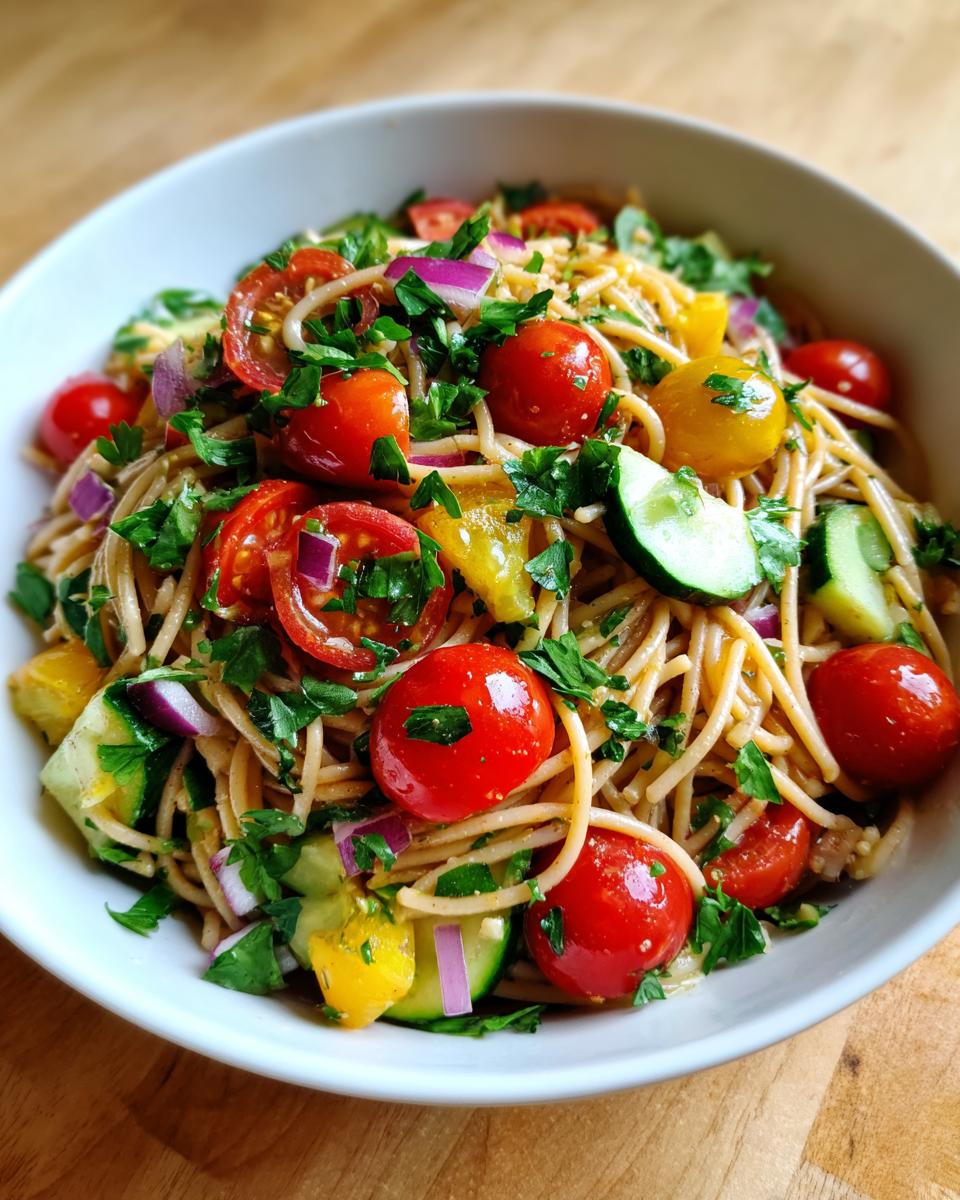 Close-up of a bowl of healthy pasta salad with cherry tomatoes, cucumbers, red onion, and fresh herbs.