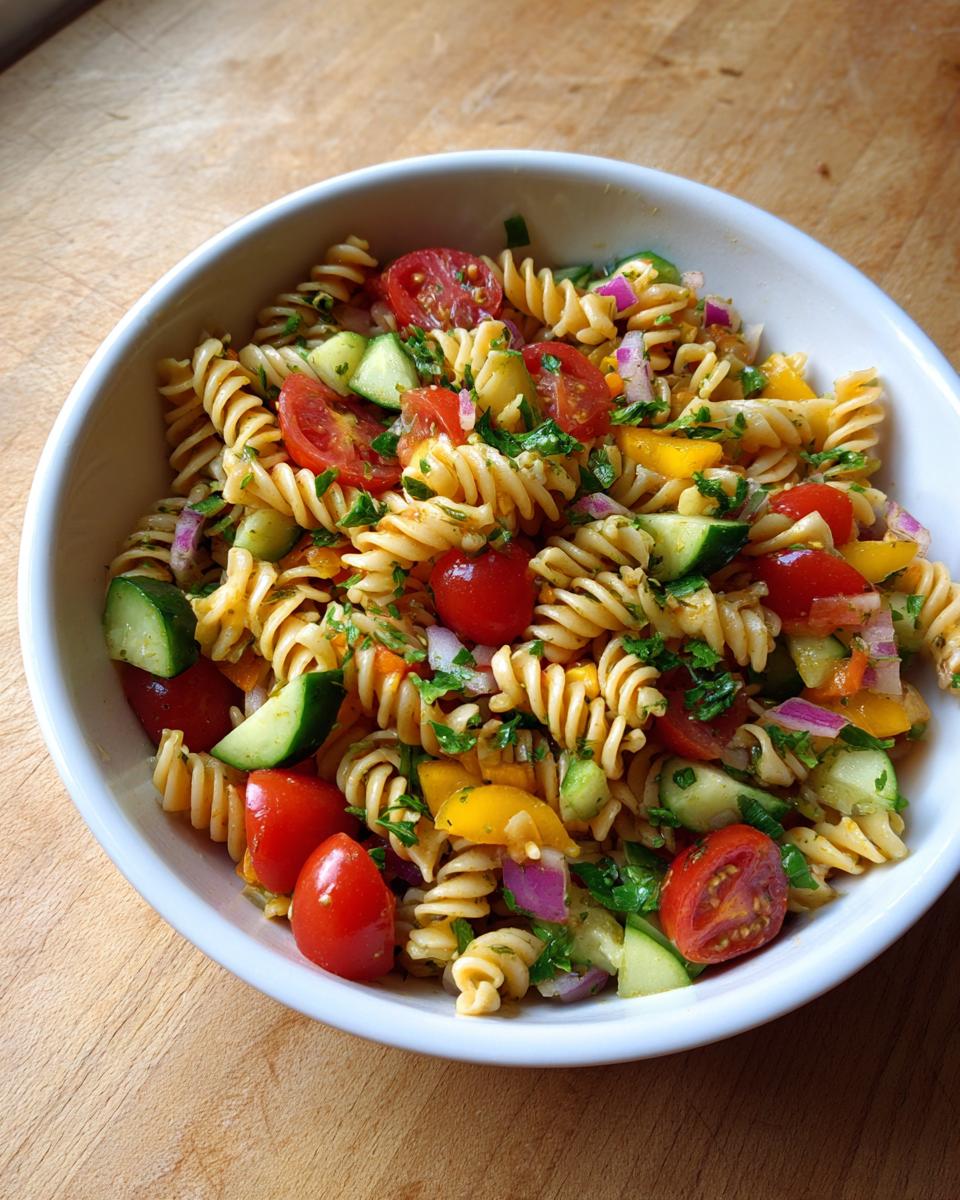A vibrant bowl of pasta salad healthy recipes with tomatoes, cucumbers, and herbs.
