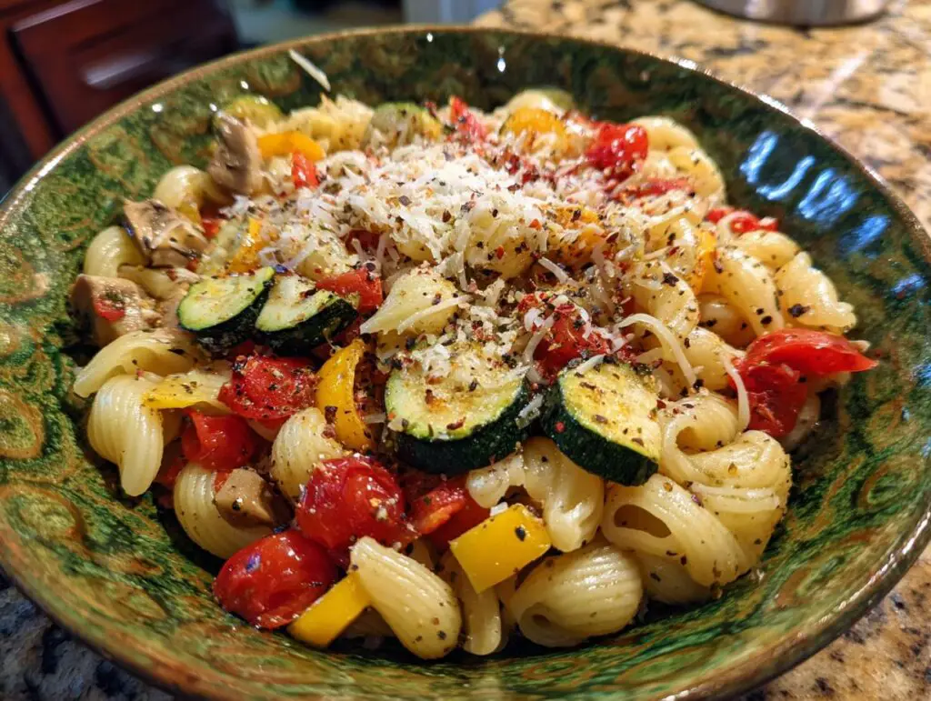 A colorful bowl of pasta salad healthy recipes with zucchini, tomatoes, and cheese.