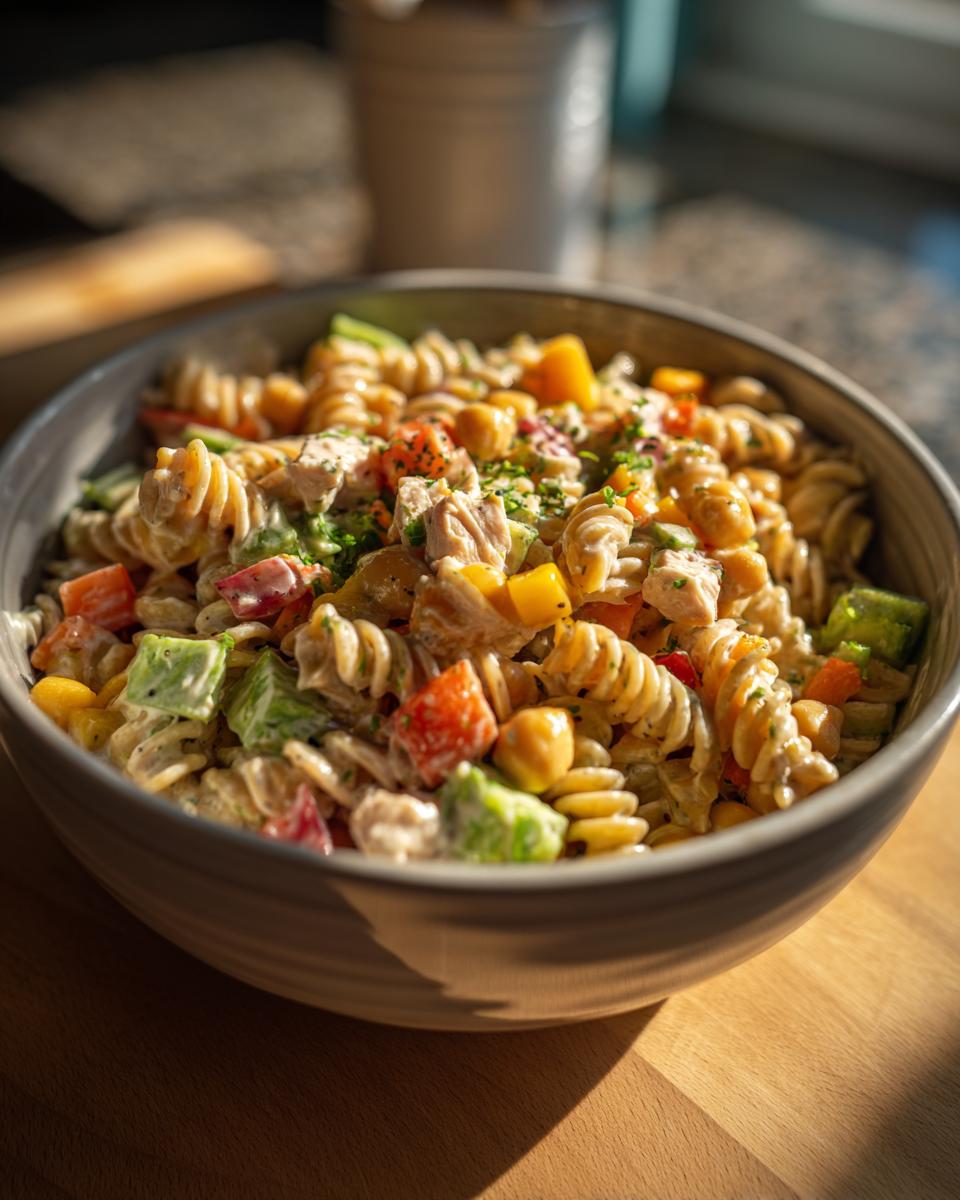 Amazing High Protein Pasta Salad 30g Protein 7 Close-up of a bowl of high protein pasta salad with vegetables and chicken.