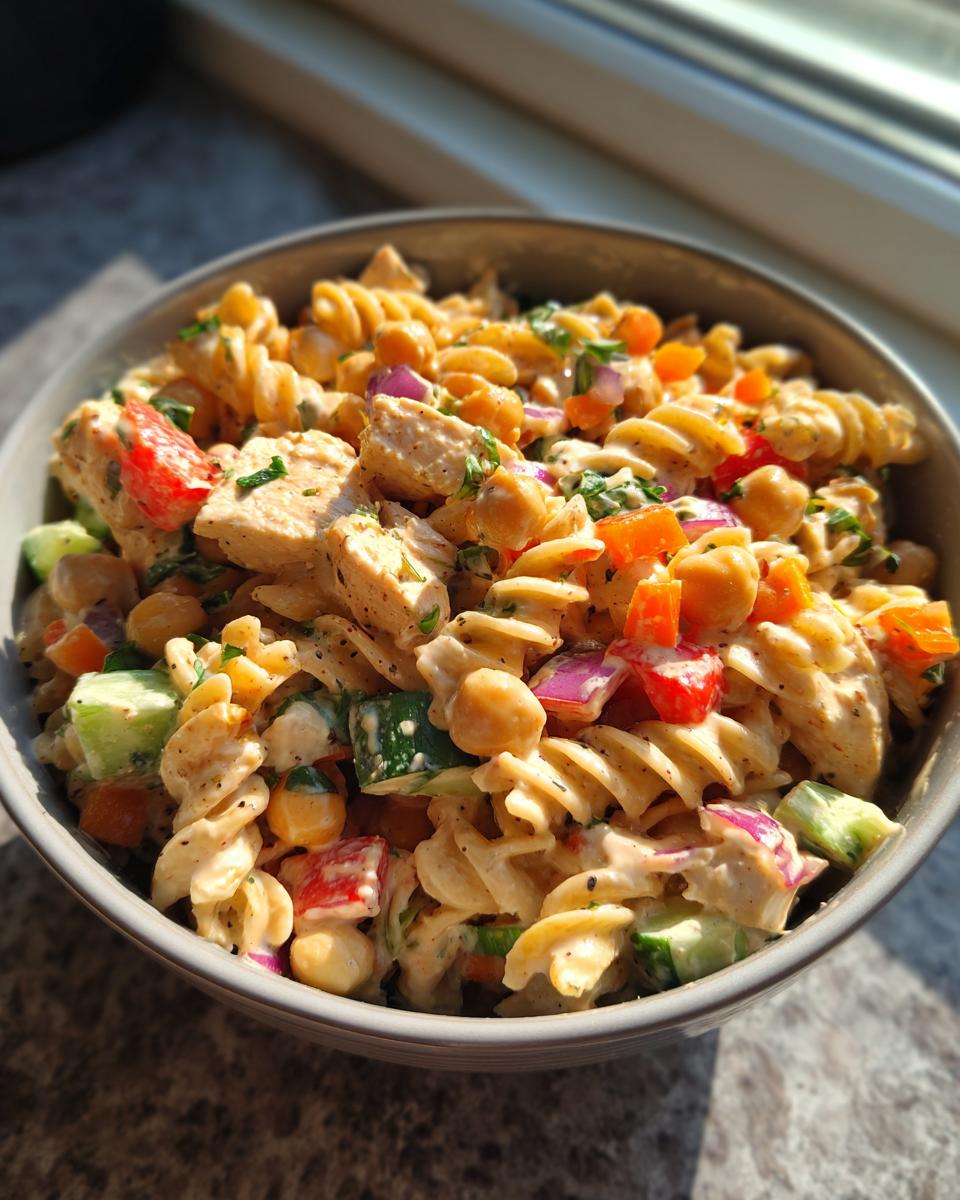 Amazing High Protein Pasta Salad 30g Protein 9 A bowl of delicious pasta salad high protein with chicken, chickpeas, and vegetables.