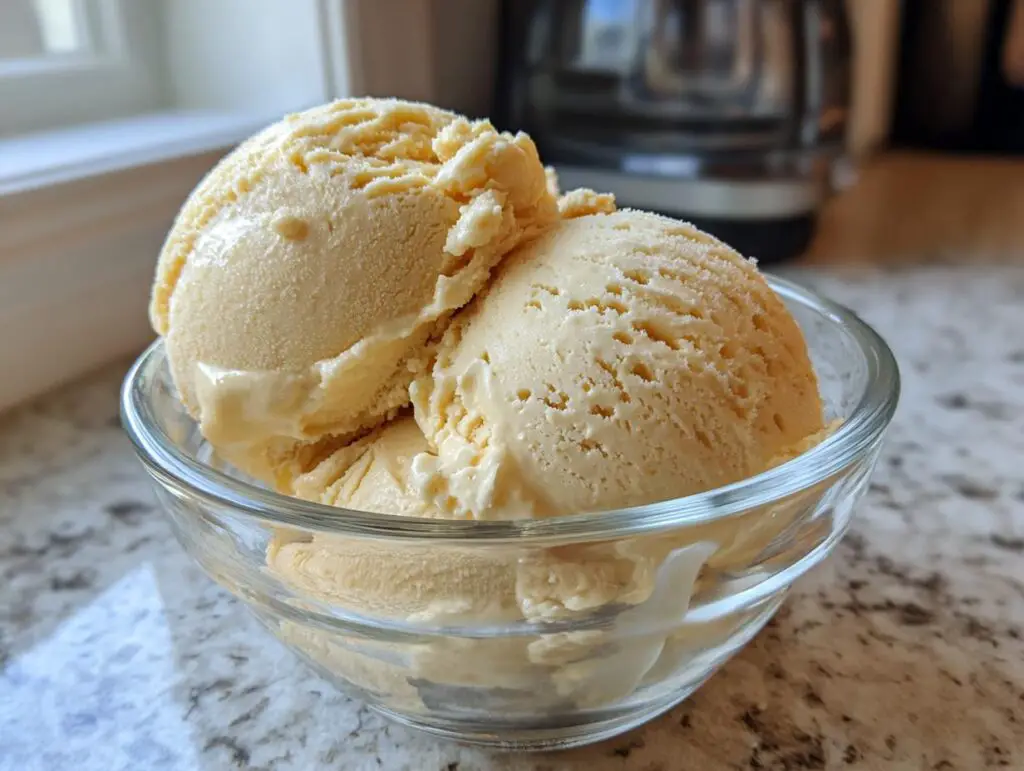 Two scoops of Honey Lavender Ice Cream in a clear glass bowl, close-up shot.