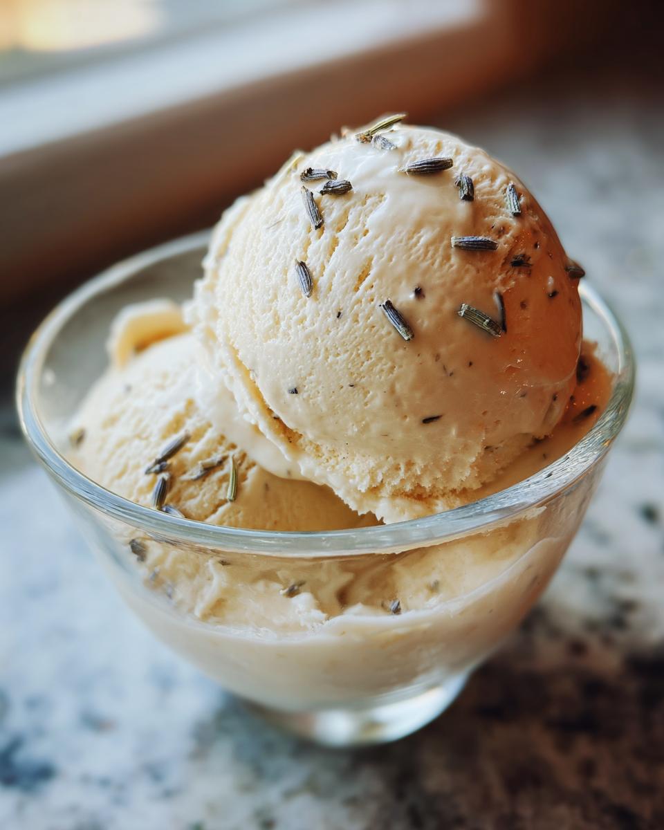 Two scoops of Honey Lavender Ice Cream in a glass bowl, garnished with lavender.