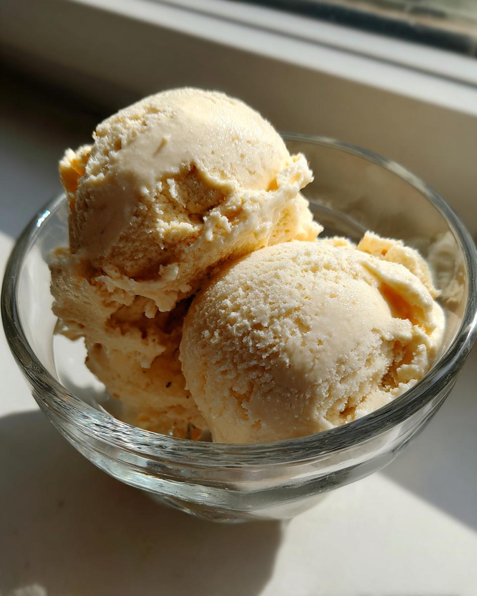 Scoops of Honey Lavender Ice Cream in a clear glass bowl, lit by sunlight.