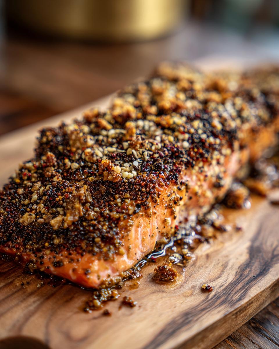 Close-up of Honey Mustard Glazed Salmon on a wooden board, showing the crispy crust.