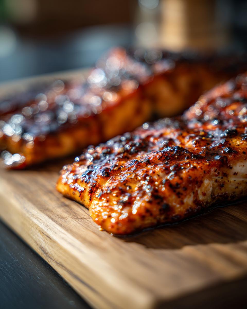 Close-up of perfectly cooked Honey Mustard Glazed Salmon on a wooden board, showcasing the glaze.