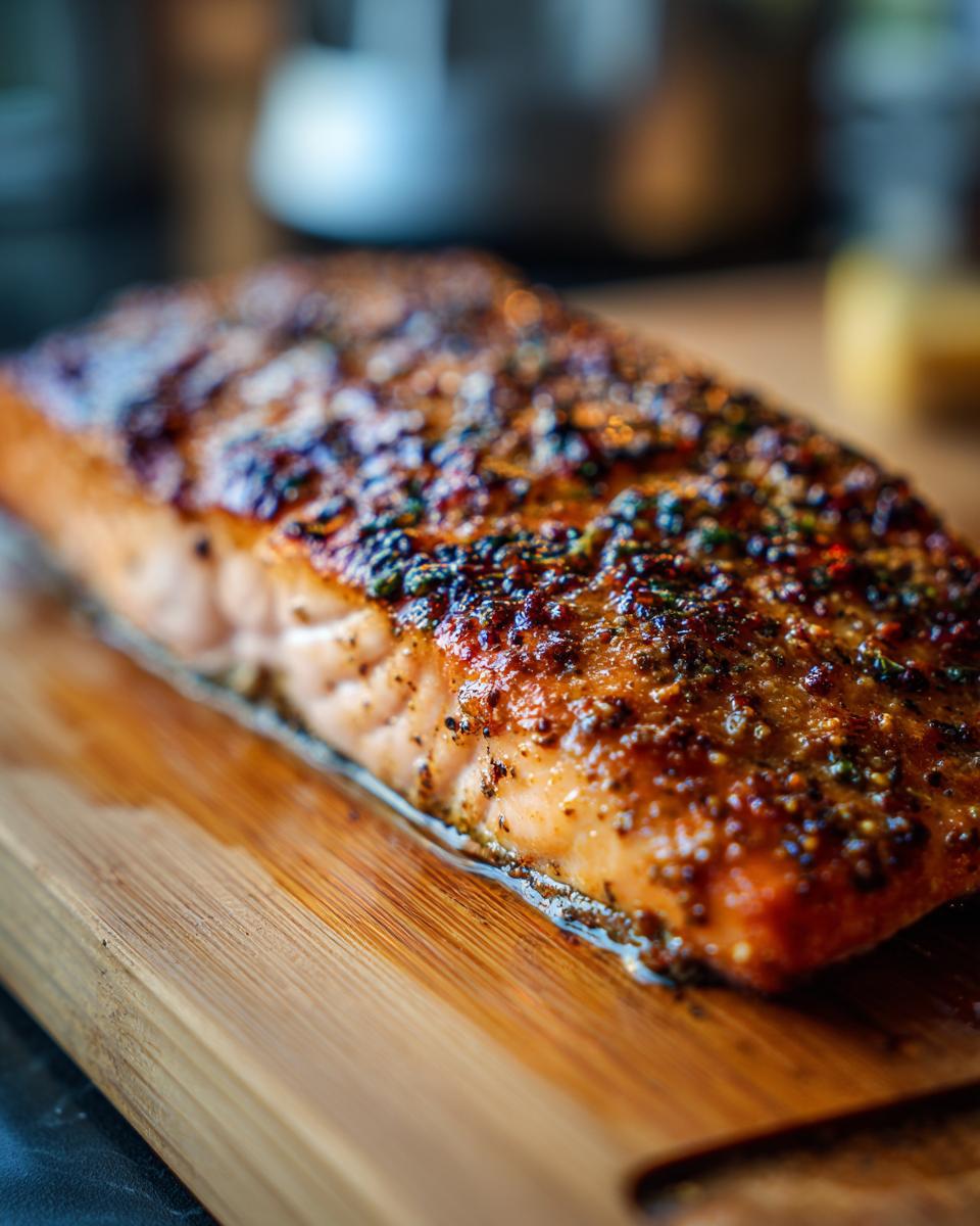 Close-up of a perfectly cooked Honey Mustard Glazed Salmon fillet on a wooden cutting board.