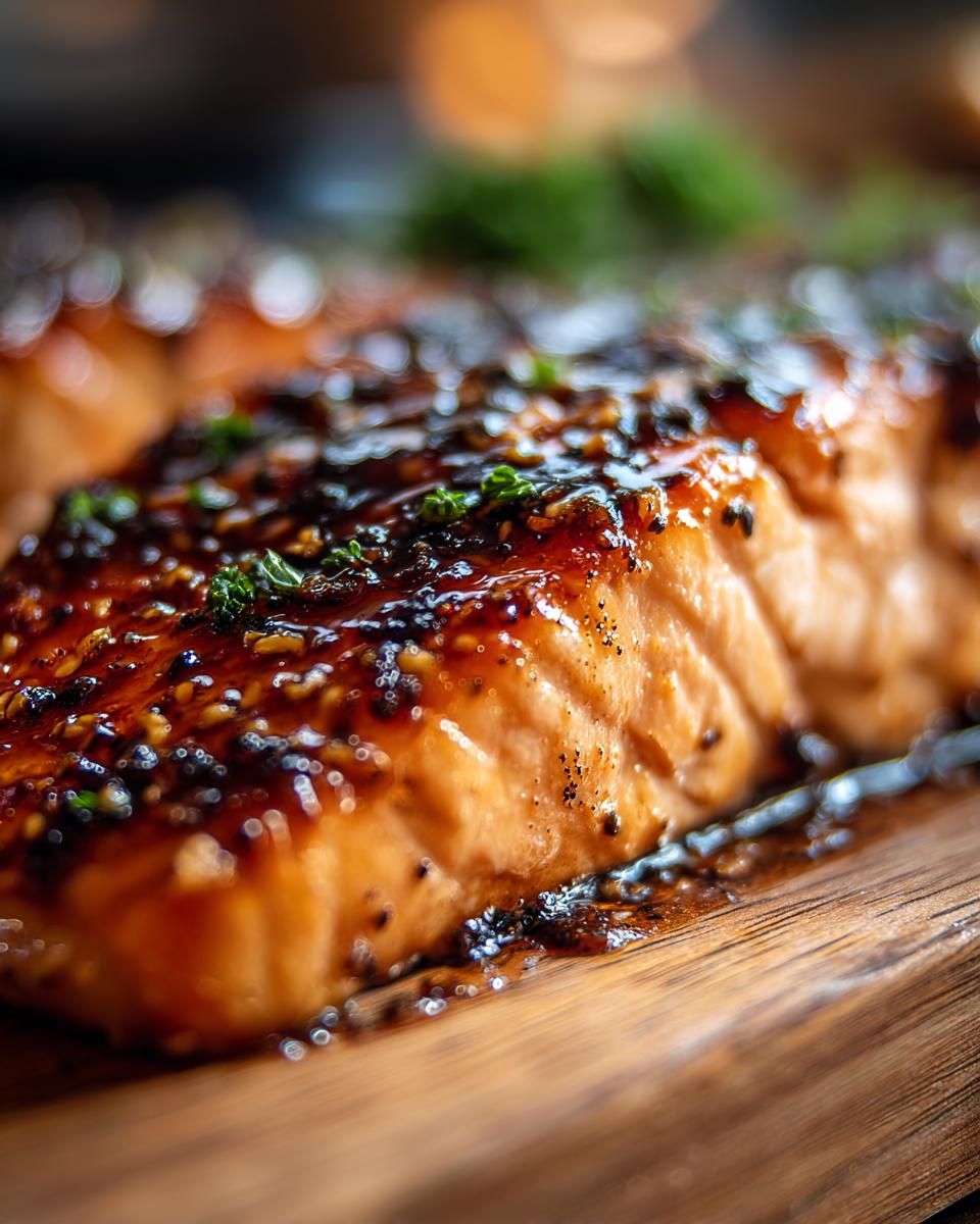 Close-up of Honey Mustard Glazed Salmon with a glossy glaze, herbs, and sesame seeds on a wooden board.