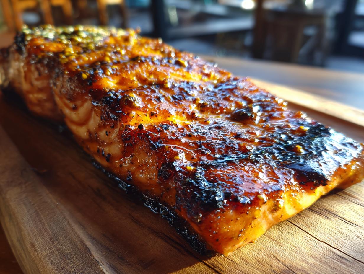 Close-up of a perfectly cooked Honey Mustard Glazed Salmon fillet on a wooden board.